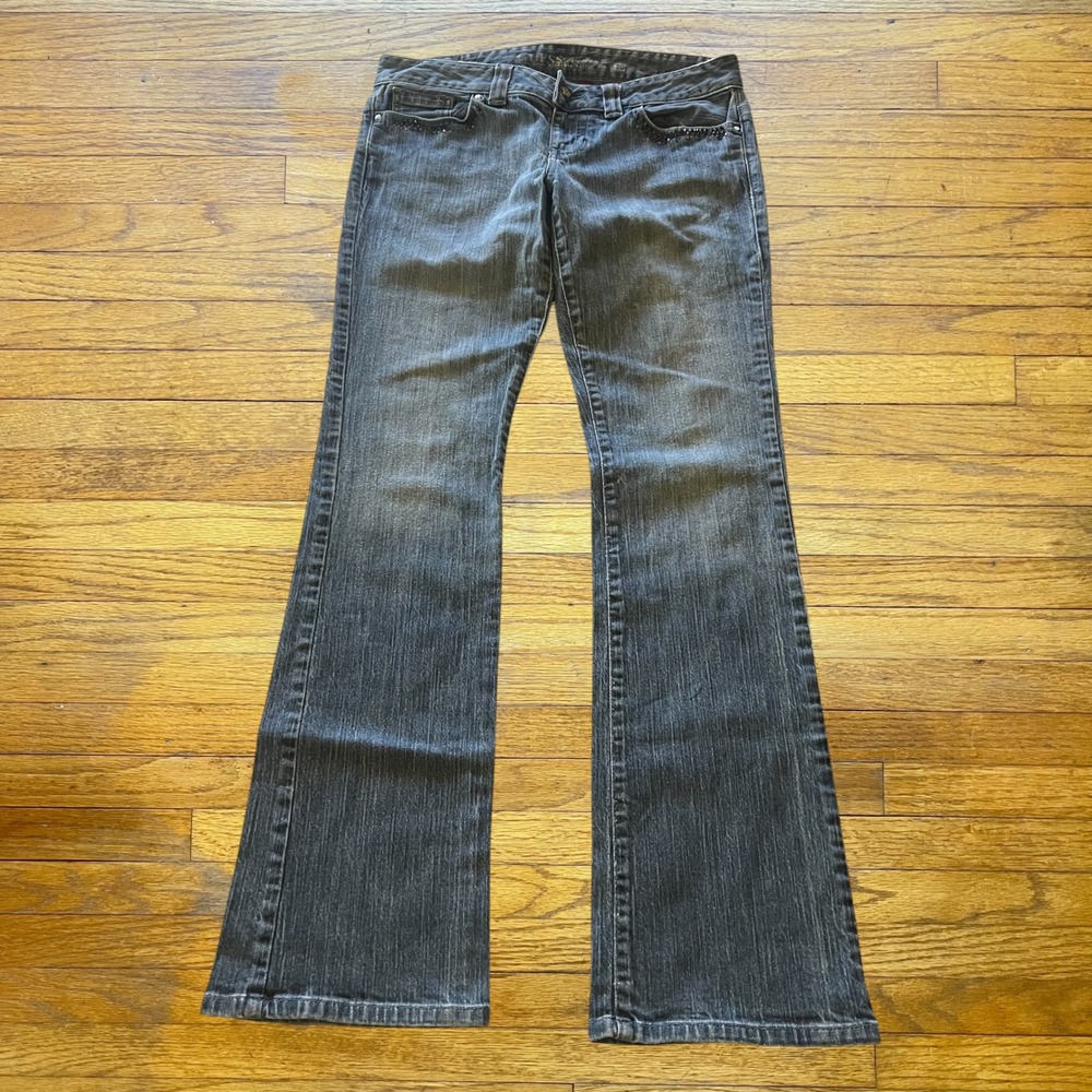 Guess Jeans Women 30 Black Faded Flare Low Rise Rhinestone Embroidered Y2K Denim
